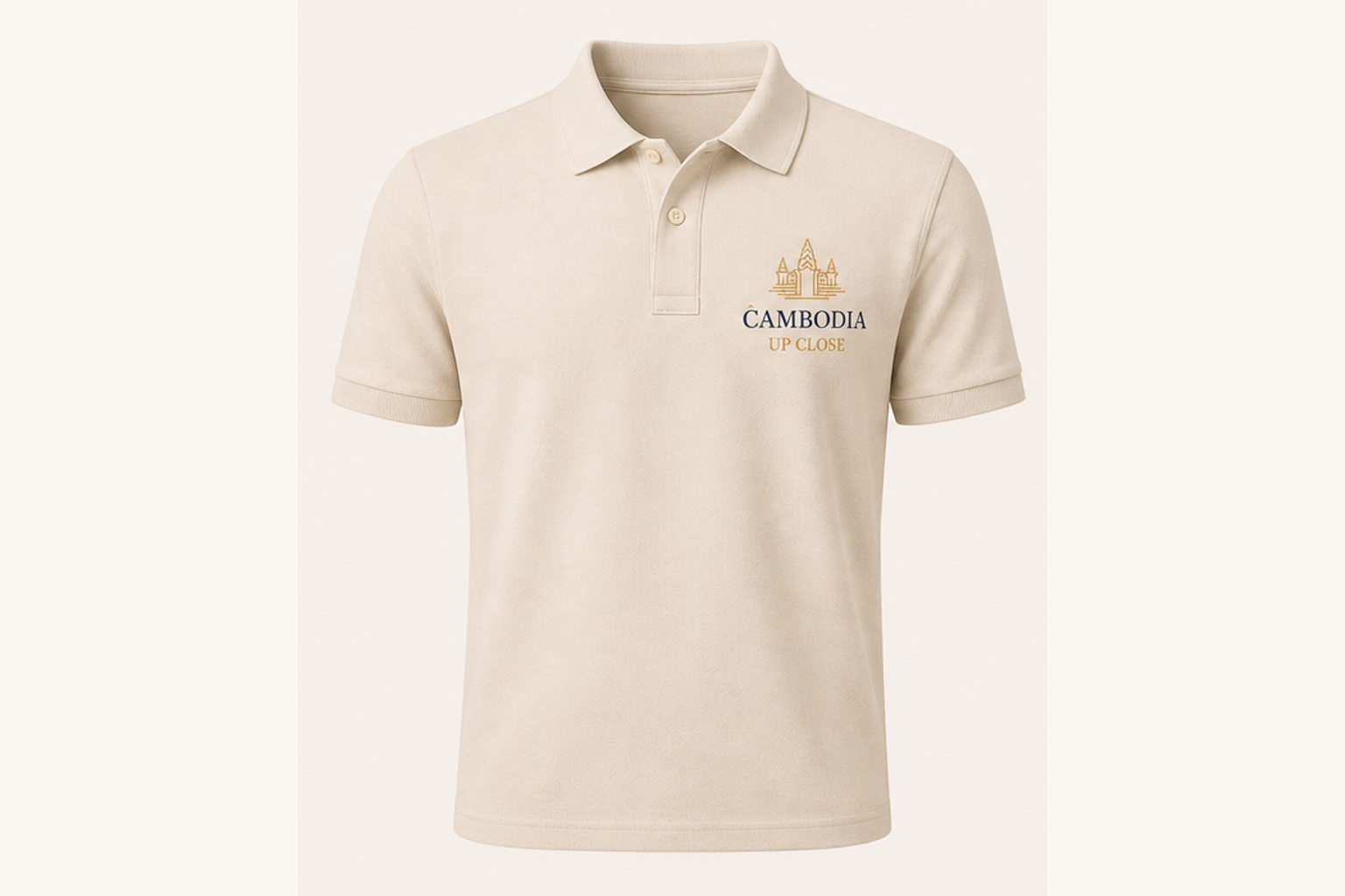 Cream Cambodia Up Close polo front view.