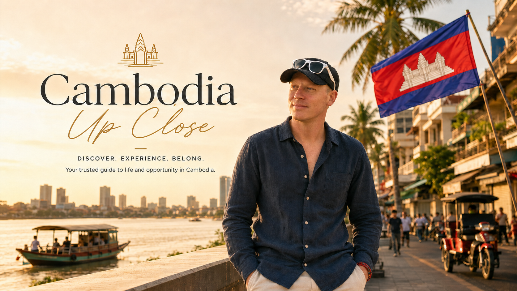 William van der Pol beside the Cambodia Up Close artwork and Cambodian flag.